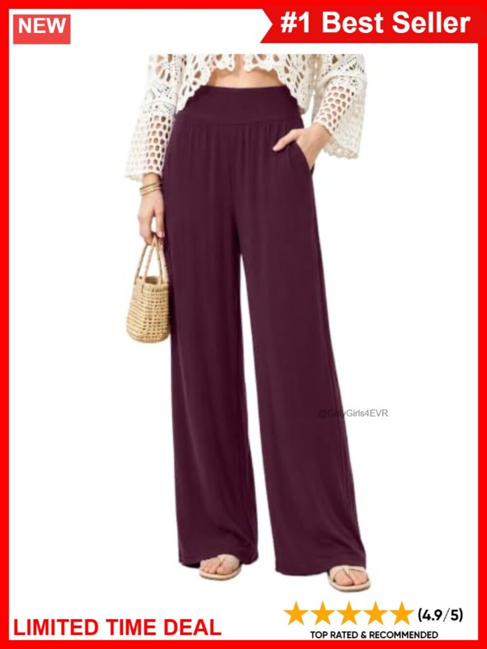 High Waist Wide Leg Palazzo Pants 95% Viscose Flowy Lounge Trousers with Pockets